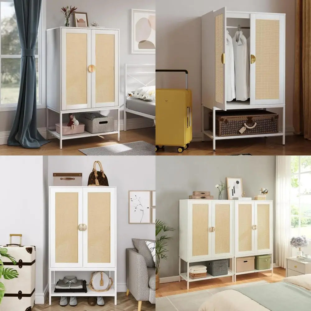 rattan wardrobe armoire with metal frame - bedroom closet for apartment & office (white)