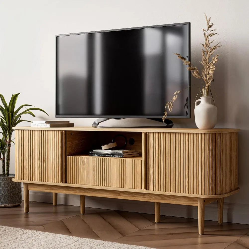 TV Stand, Fluted TV Stand for TVs up to 70'', Modern Entertainment Center with Storage, Wood Media Console with Sliding Doors