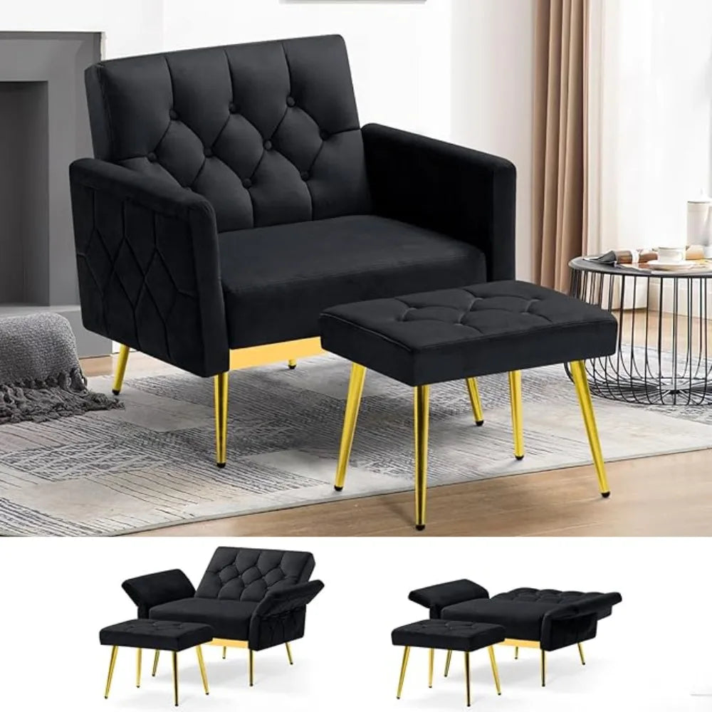 Velvet Accent Chair w/Adjustable Armrests and Backrests, Tufted Single Sofa with Ottoman, Upholstered Reading Chiar for Living R
