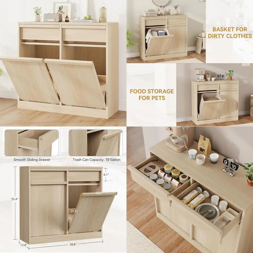 "gaomon double trash cabinet with tilt-out feature, 20 gallon freestanding storage, and hidden pet-resistant garbage bin for lau