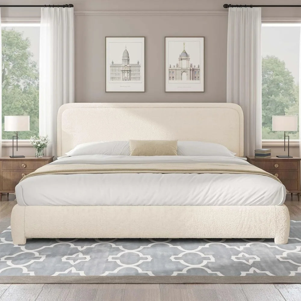 Boucle Upholstered Bed Frame with Soft Rounded Headboard | Modern Low-Profile Design, No Box Spring Needed