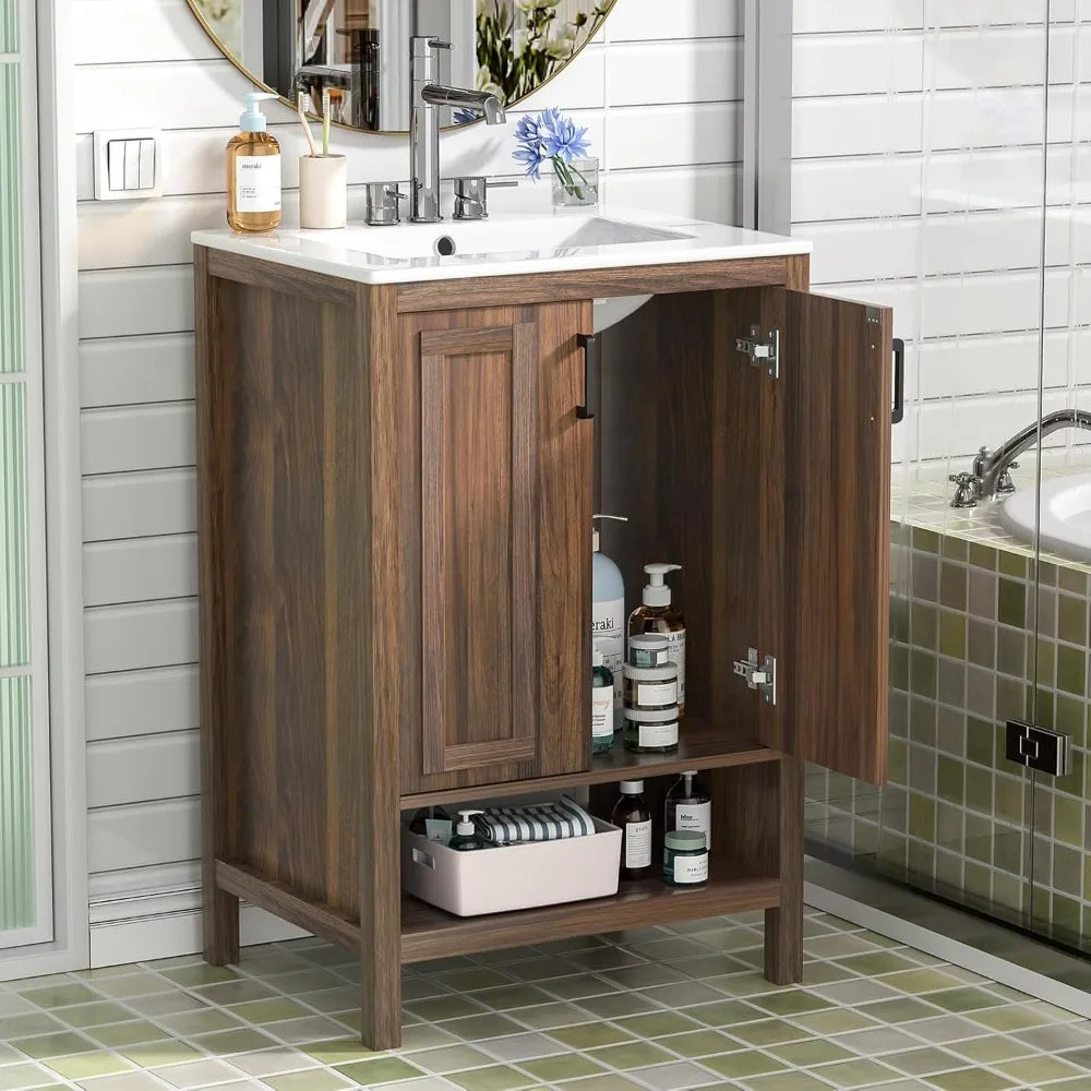 24" Modern Walnut Bathroom Vanity with Ceramic Sink, 2 Doors, Open Shelf, Space-Saving for Small Bathrooms (Faucet Not Included)