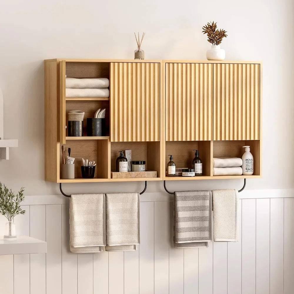 Fluted Wall Cabinets with Doors and Shelves Set of 2, Modern Medicine Cabinet Bathroom Adjustable Shelf Towel Rack Wood Storage