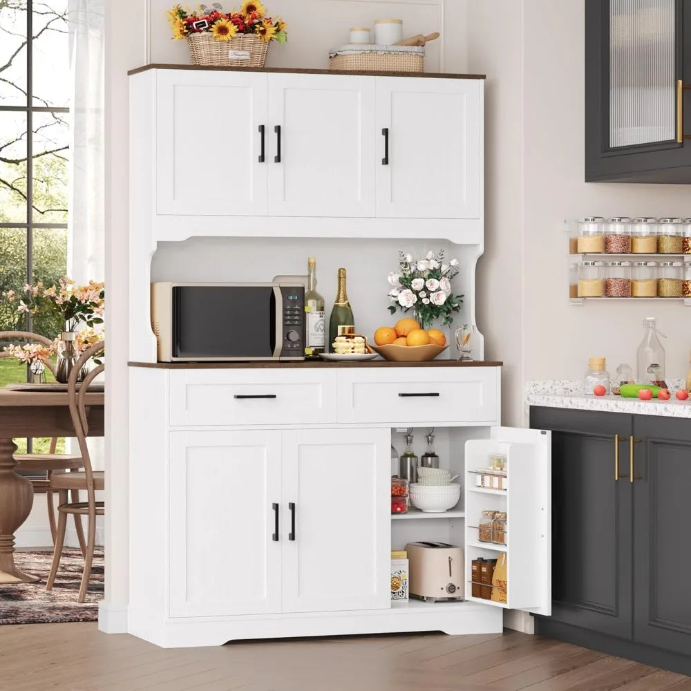 Tall Kitchen Pantry Cabinet, Farmhouse Food Pantry Cabinet with Doors and Adjustable Shelves, Kitchen Hutch with Countertop and