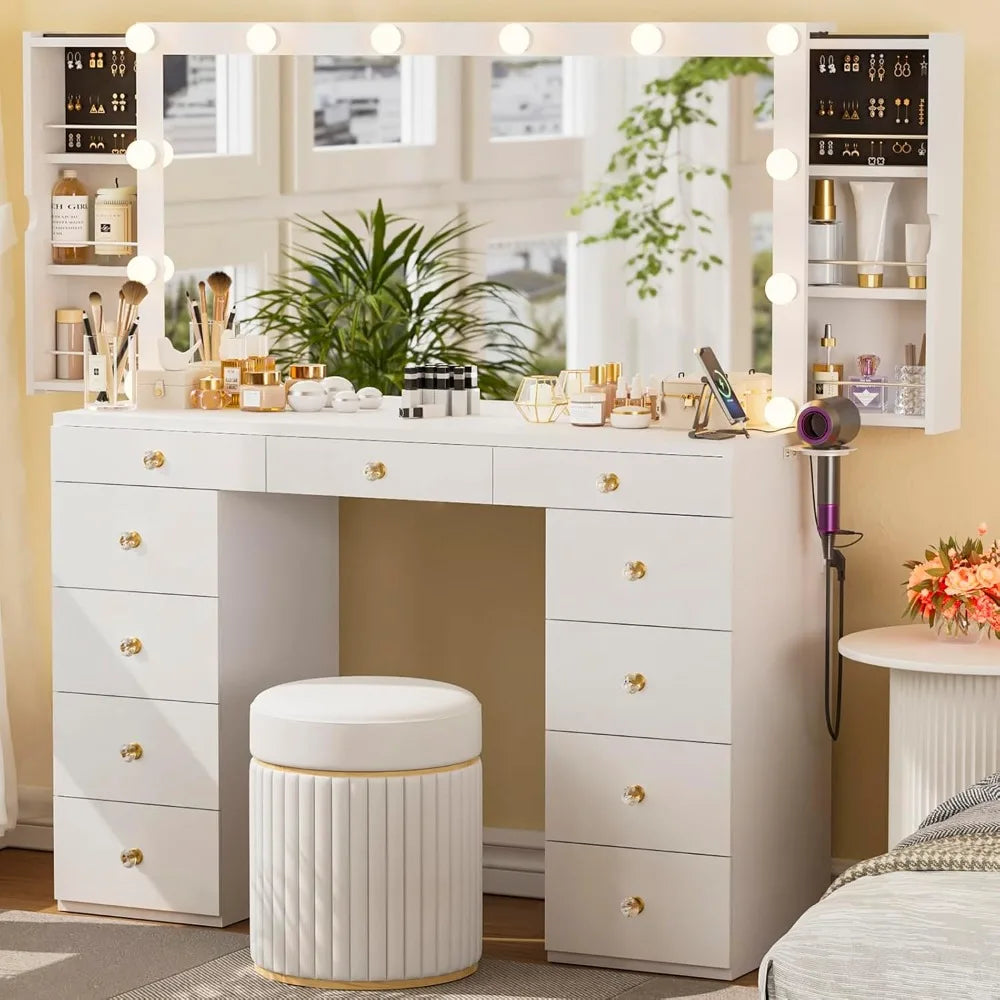 Likein Vanity Desk with Mirror and Lights, White Vanity with Hidden Jewelry Storage Cabinet, Charging Station, 11 Drawers Makeup