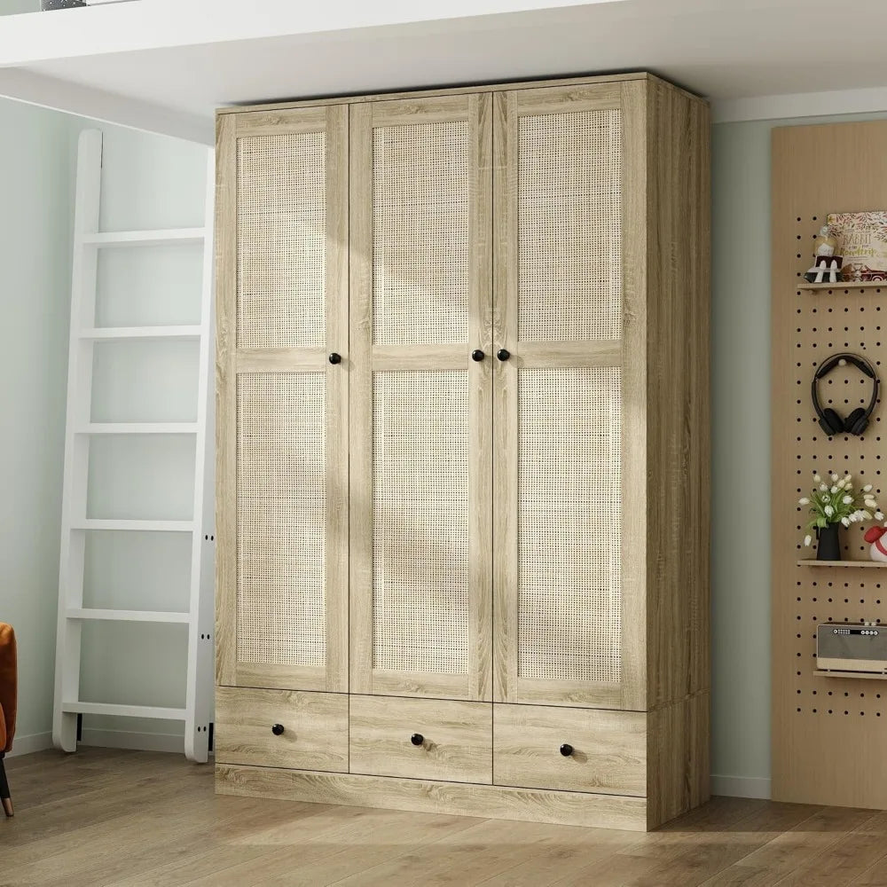 3-Door Rttan Wardrobe Armoire Closet, Bedroom Cabinet Armoire with 3 Rattan Doors, 3 Drawers, Hanging Bar & 6 Shelves, Light Br