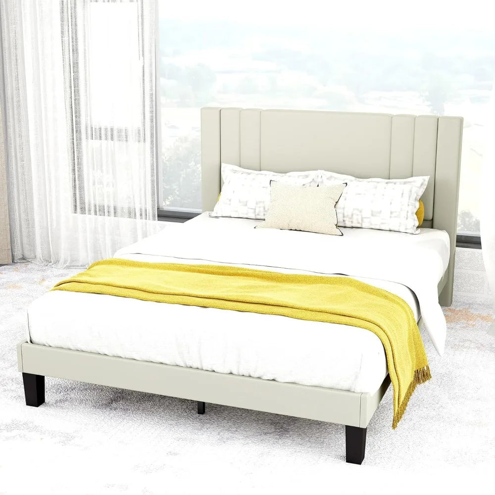 Sleek Upholstered Bed Frame: Modern Faux Leather Platform with Attached Headboard