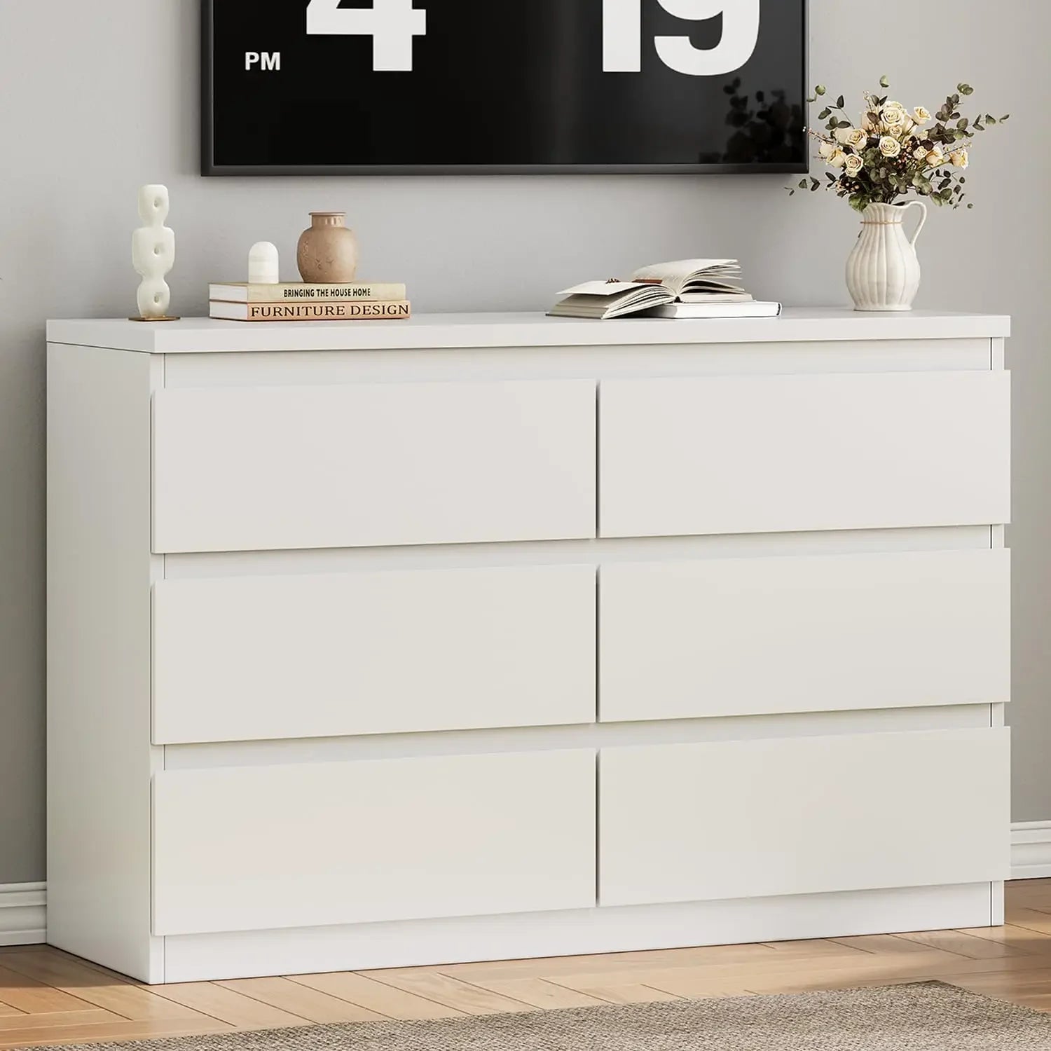 Modern White 6 Drawer Dresser Wood Storage Cabinet for Living Room Bedroom Hallway