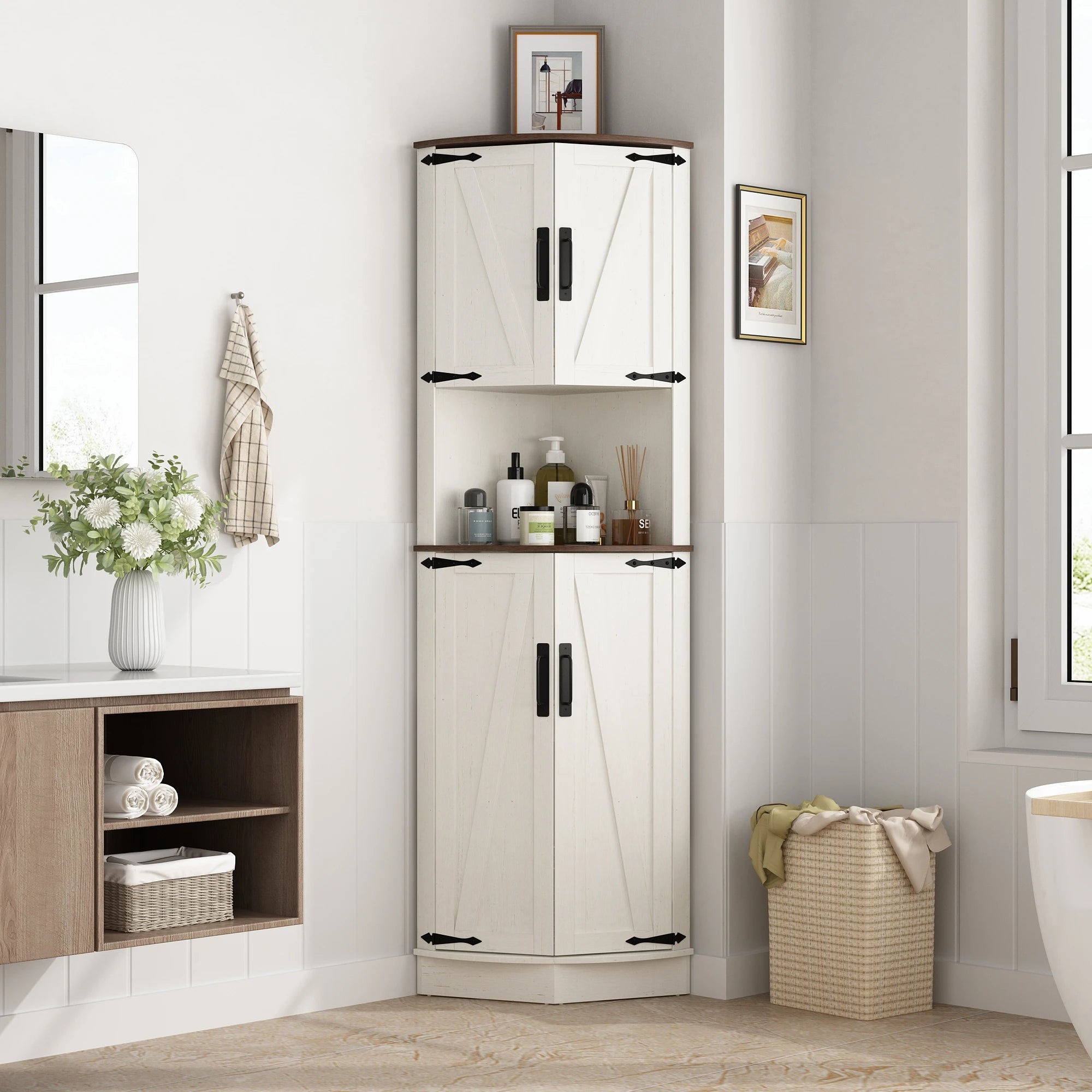 Bathroom Storage Tall Cabinet with Doors, 67" Corner Storage Cabinet with Barn Doors and Adjustable Shelf for Kitchen Bathroom