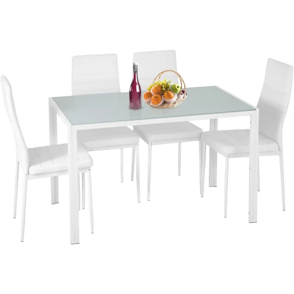 5-Piece White Glass Dining Table Set with Upholstered Chairs and Faux Leather Cushions for Space-Saving Kitchen
