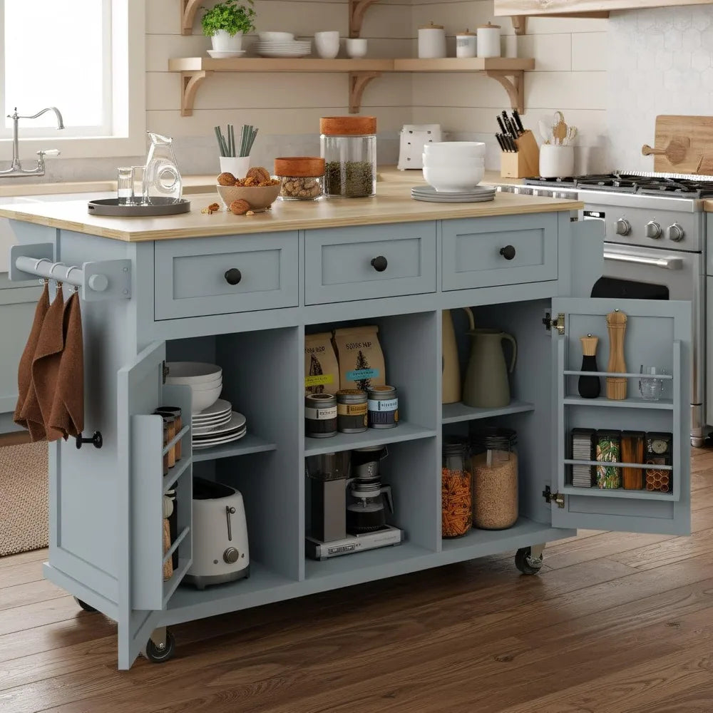 Kitchen Island with Storage, Moveable Island with Drop Leaf, Portable Storage Islands & Carts with Drawers