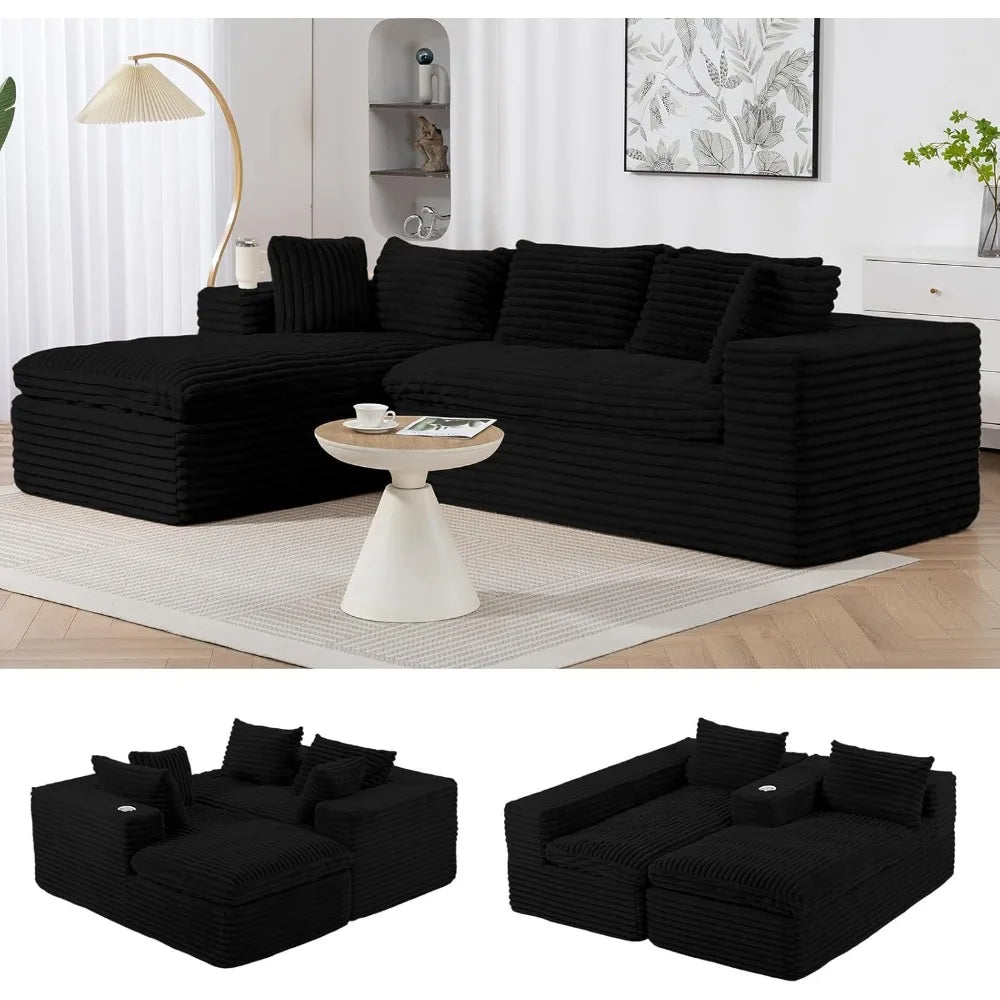 107'' Cloud Modular Sectional Sofa, No-Assembly Boneless L-Shape Couch with Chaise & Cup Holder, Soft Corduroy Left-Facing