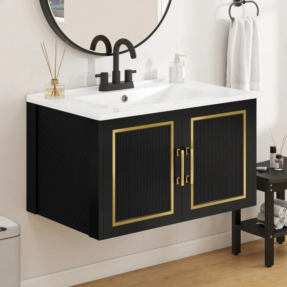 30" Bathroom Vanity with Ceramic Sink, Floating Vanity with Cabinet, Wall Mount Modern Bathroom Vanity Includes Countertop, wit