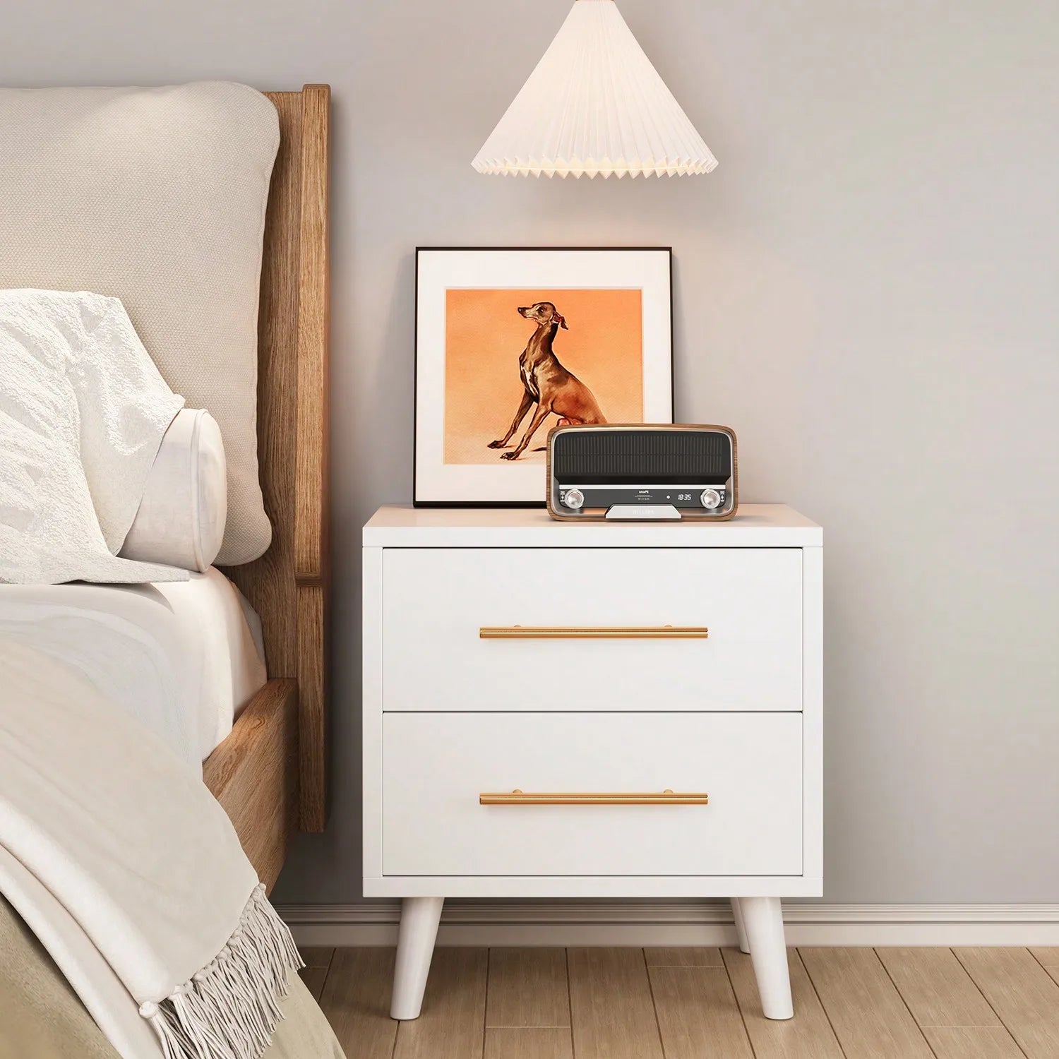 Modern NightStand With 2 Wood Drawers  Bedside Table With Metal Handles,   End Side Table For Bedroom