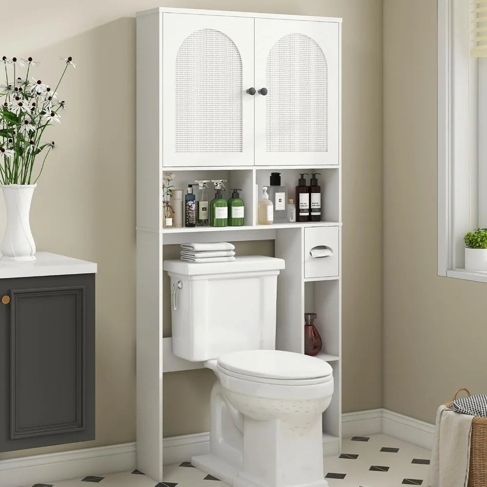 Freestanding Rattan Toilet Storage Cabinet with Two Doors and Toilet Paper Holder