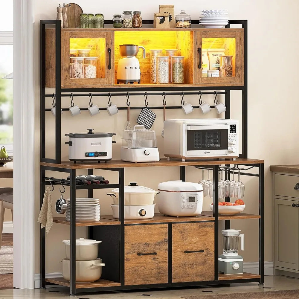 47.2 Inch Coffee Bar Cabinet with Power Outlet, Farmhouse Bakers Rack with Storage, Kitchen Microwave Stand with Wine Rack, LED