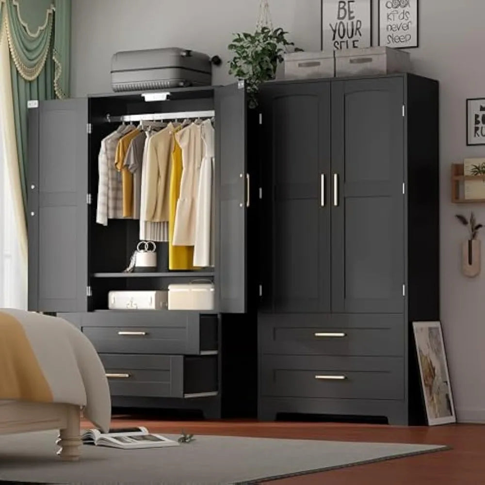 Wooden Armoire Wardrobe Closet with Drawers, Wardrobe Cabinet with Door and Shelves, Freestanding Bedroom Armoires Clothing