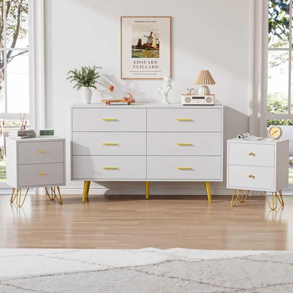 Bedroom Furniture Set: White and Gold 6-Drawer Dresser with 2-Piece Nightstand Ensemble