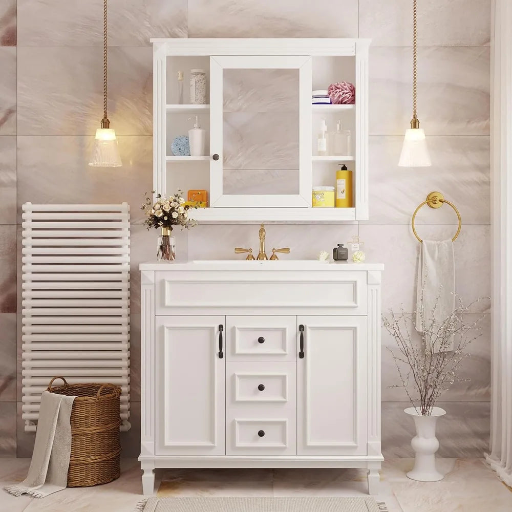 36'' Bathroom Vanity with Matching Medicine Cabinet and Ceramic Sink, Traditional Freestanding Bathroom Storage Cabinet