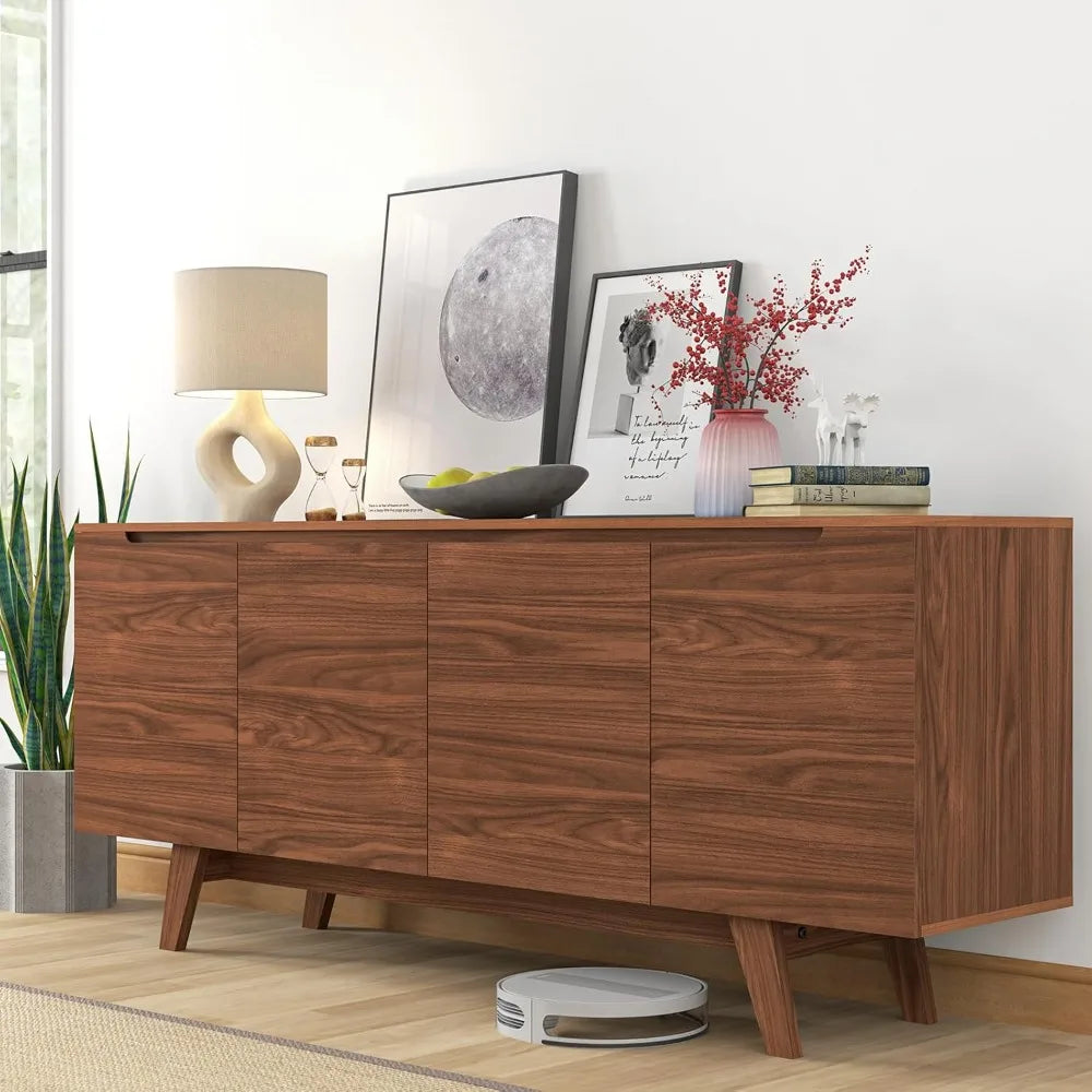 TV Stand for 80 inch TV, Mid-Century Modern TV Console with Storage Cabinet, Wooden Television Furniture for Living Room, En