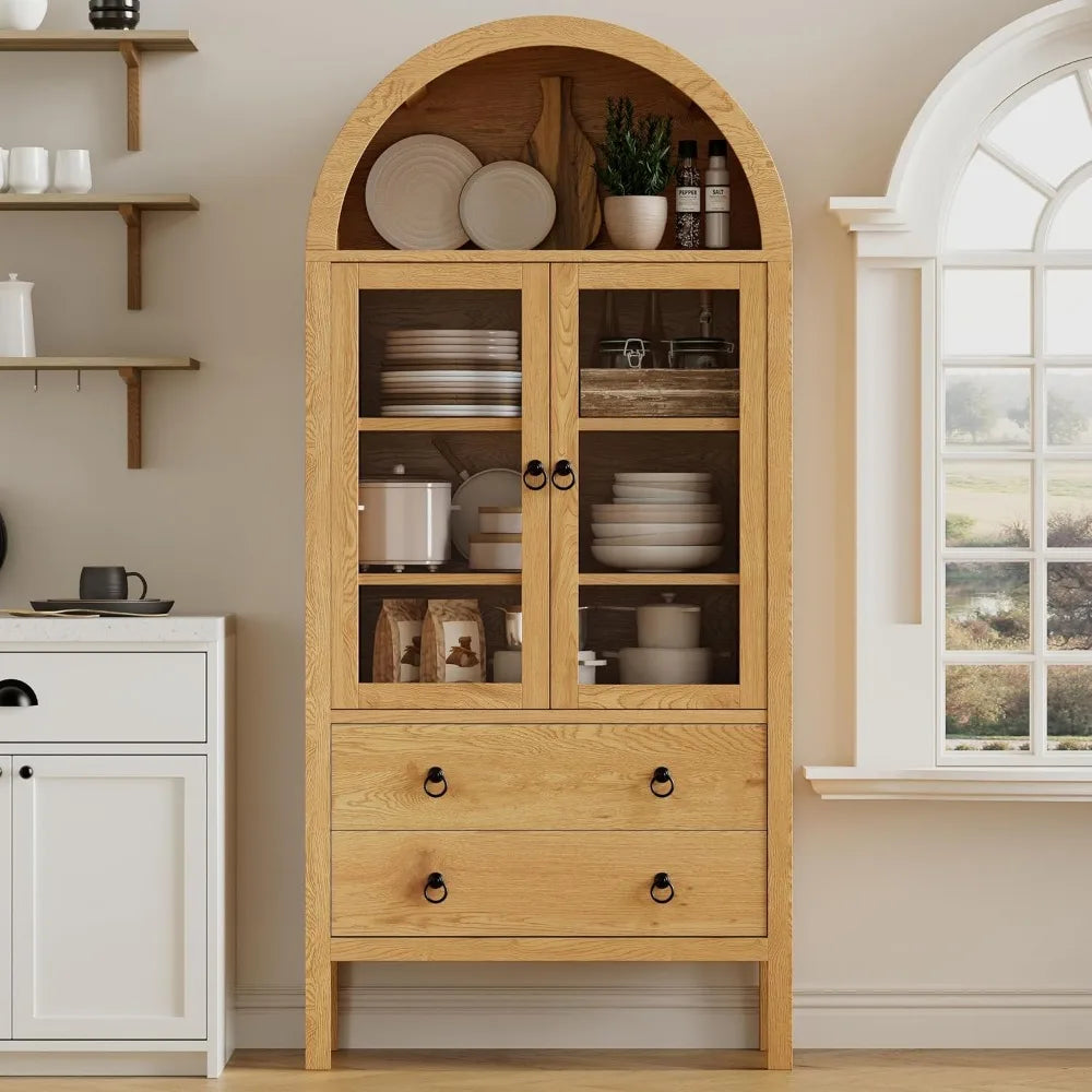 71'' Tall Arched Cabinet, Farmhouse Arched Kitchen Pantry with Doors, Arch Storage Cabinet Display Bookcase with 2 Large Drawers