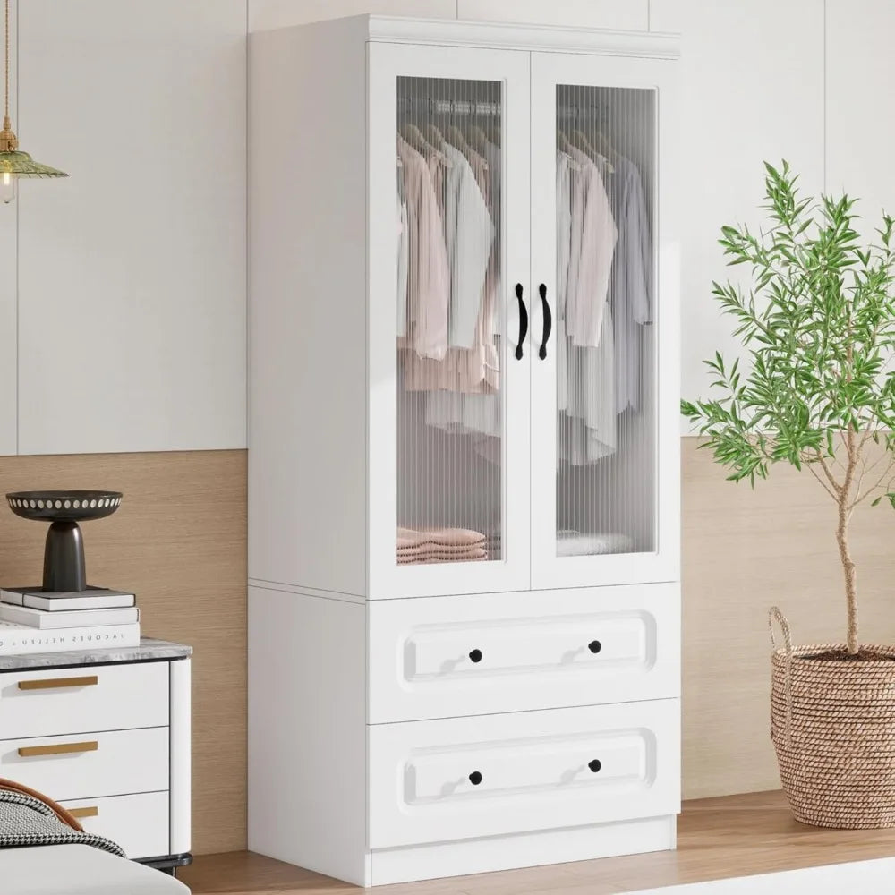 Armoire Wardrobe Closet: Modern 2 Acrylic Doors Wooden Bedroom Armoires with Hangingrod Clothes Storage with 2 Large Drawers