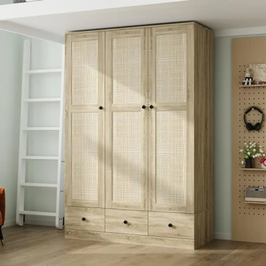 3Door Rttan Wardrobe Armoire Closet Bedroom Cabinet Armoire with 3 Rattan Doors 3 Drawers Hanging Bar 6 Shelves Light Brown