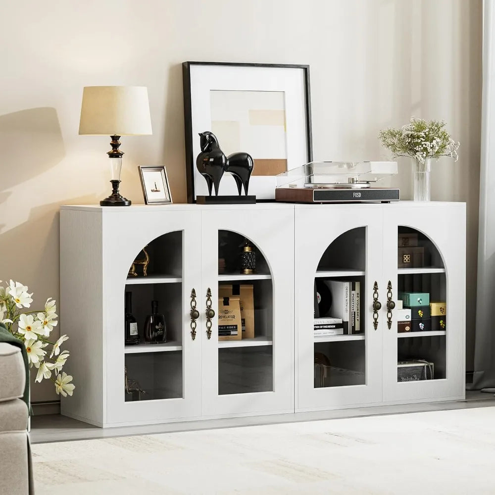 Wooden Modular Buffet Cabinet with Glass Doors and Adjustable Shelves for Kitchen Storage