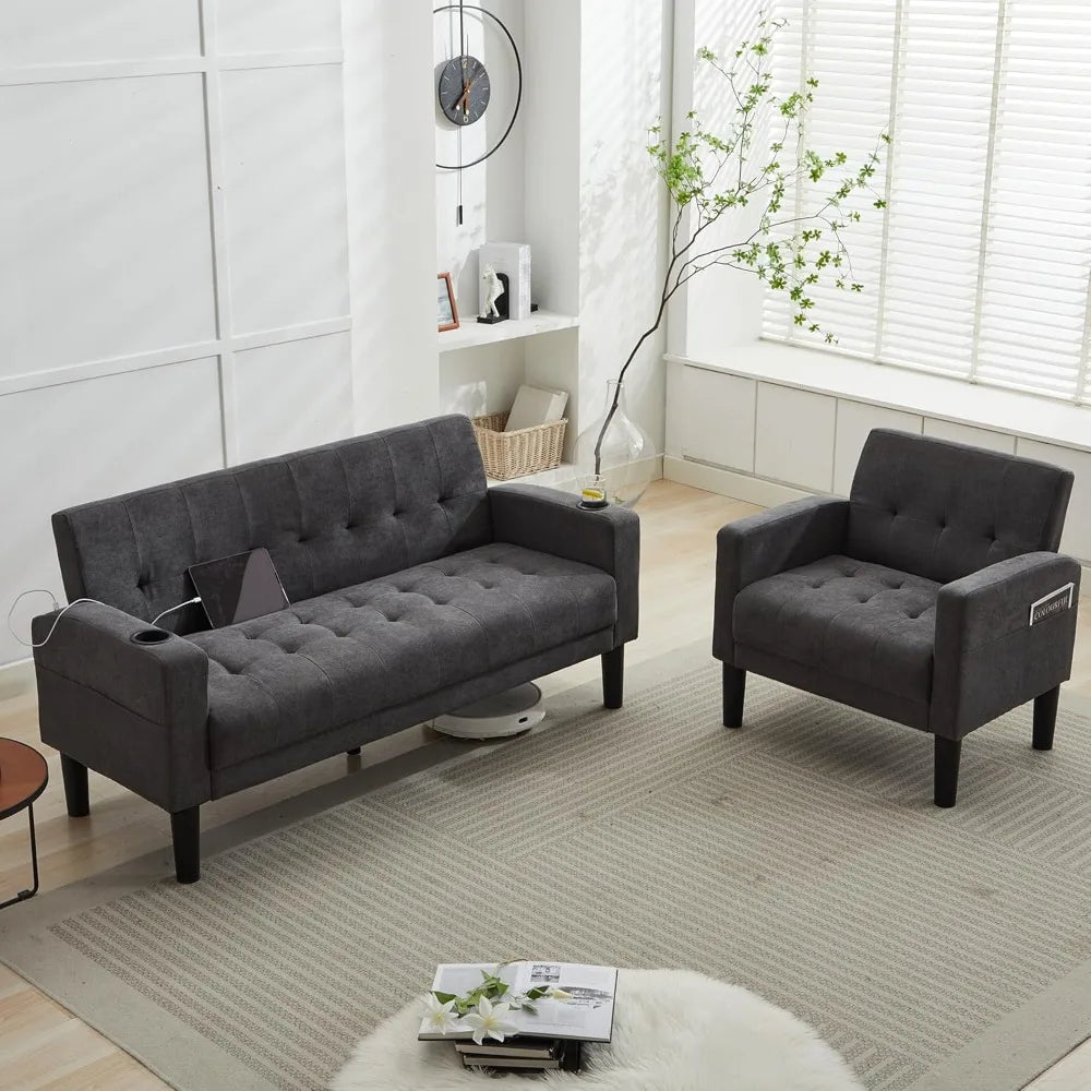Sofa Couch, Living Room Furniture Sectional Sofa Sets 2 Pcs, Tufted Mid-Century Loveseat w/USB, Cupholders & Comfy Sing