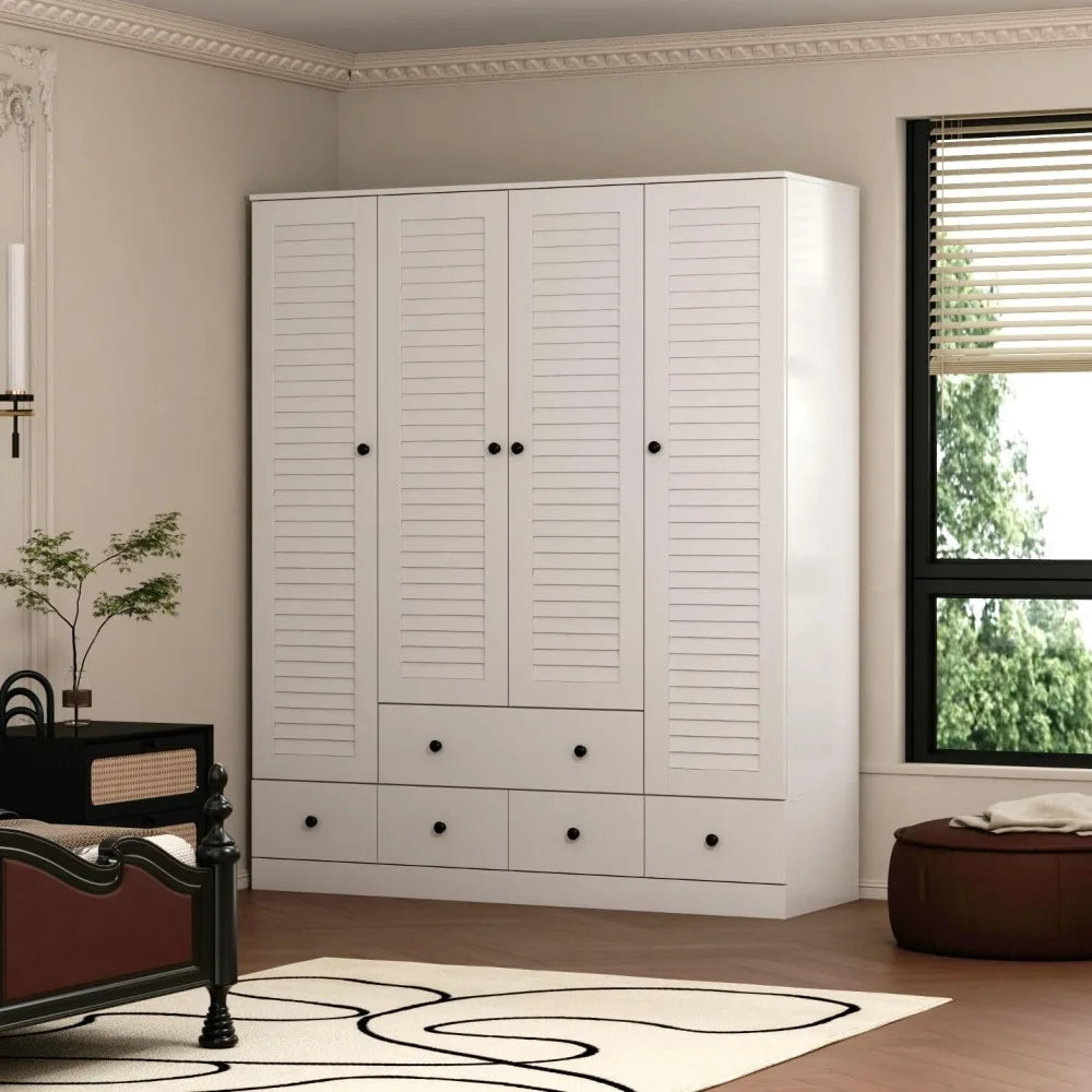 4 Shutter Door Wardrobe with Shelves and Drawers, Armoire Wardrobe Closet with 2 Hanging Rods, for Bedroom White