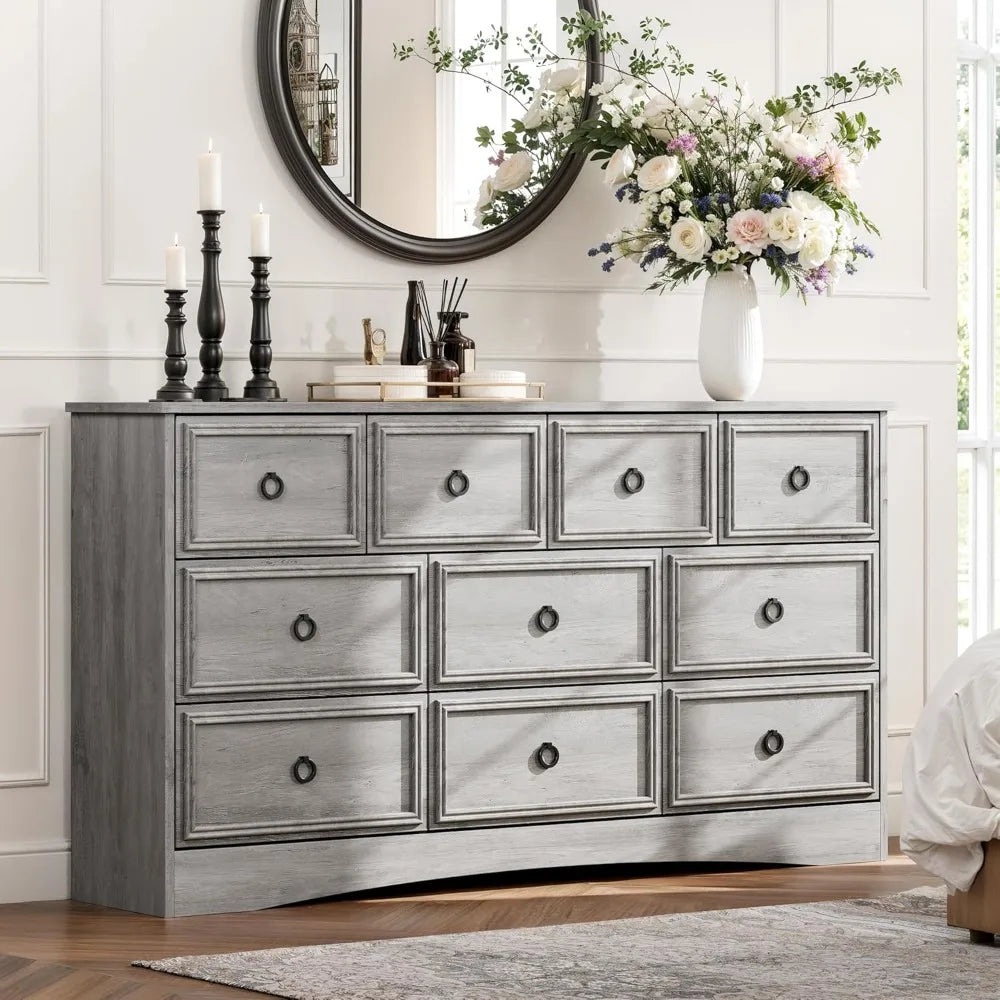 Grey Dresser, Large Dresser for Bedroom, Wood Chests of Drawers Metal Ring Pull, Textured Borders, TV Stand