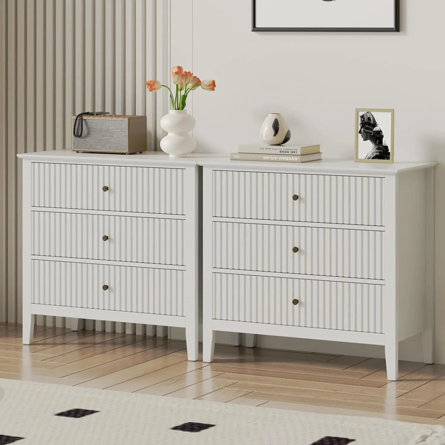 Large 3 Drawer Dresser Set of 2, Fluted Wood Chest of Drawers with Storage, Modern Painted 30 inch Wide Nightstand for Bedroom
