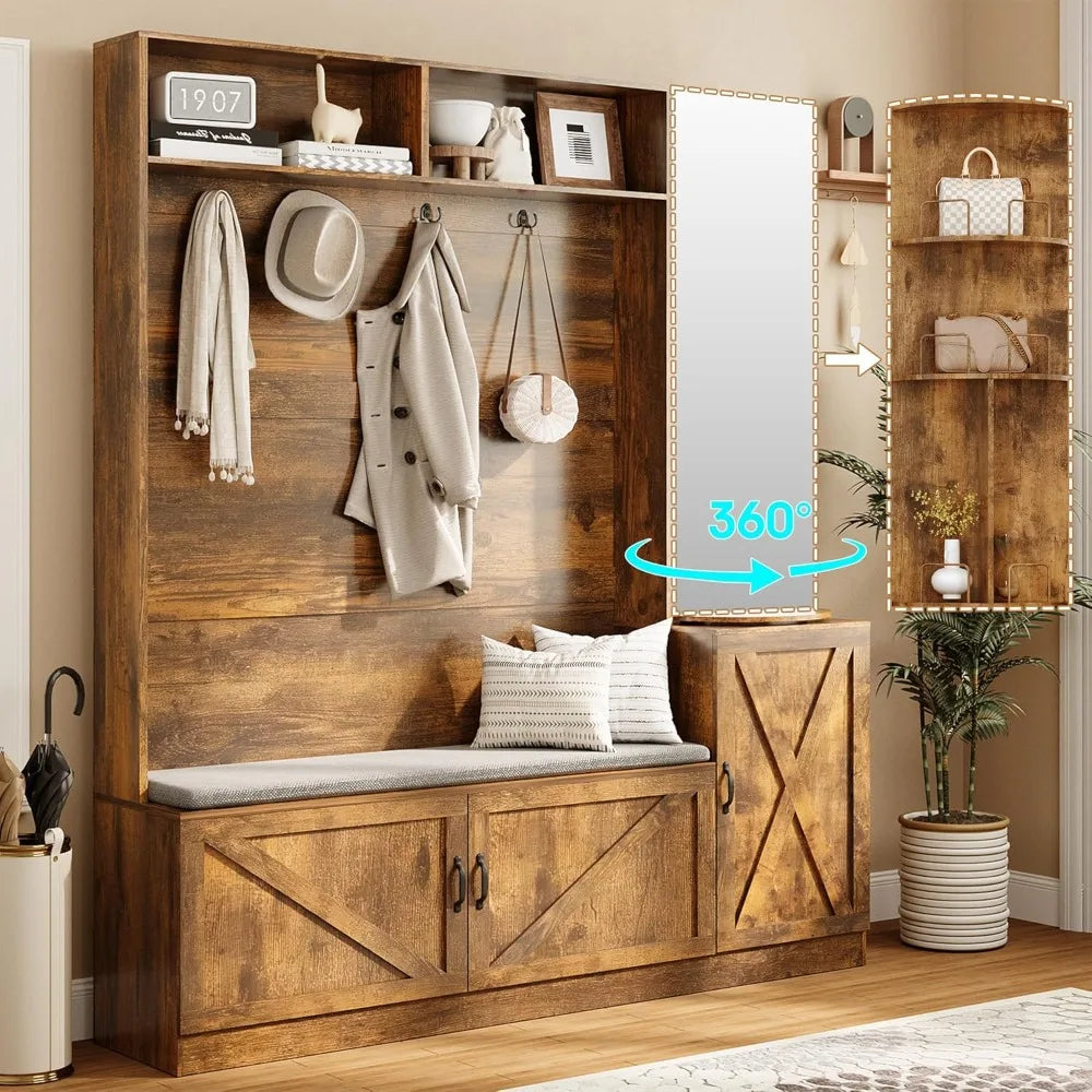 Hall Tree with Bench and Shoe Storage, Tall Coat Rack with Mirror and Hidden Storage Shelves, Entryway Shoe Organizer