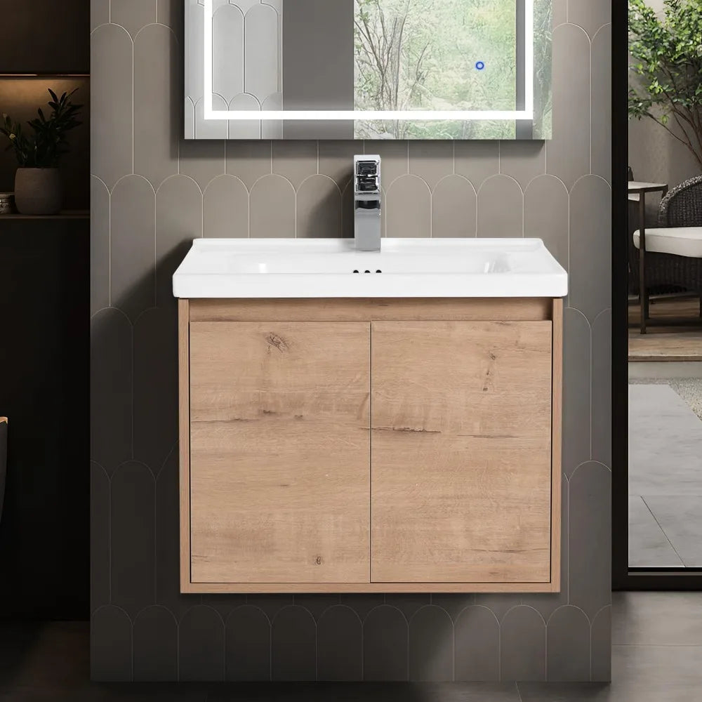 24 Inch Wall Mounted Bathroom Vanity with Sink | Floating Wood Vanity Cabinet | Modern Soft-Close Doors & Storage | Ceramic