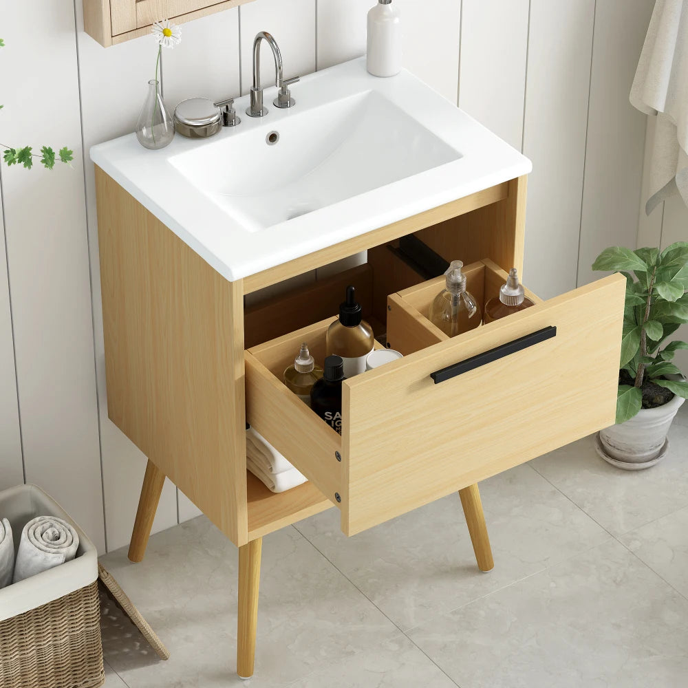 24" Bathroom Vanity with Sink Combo, Multi-functional Bathroom Cabinet with Drawer,  MDF Board, Natural