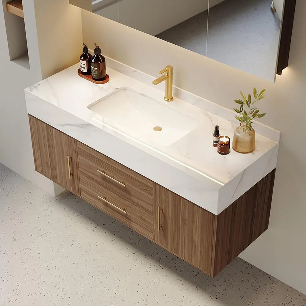 39.3" Floating Bathroom Vanity Set, Modern Wall-Mounted Vanity with Sintered Stone Countertop, Undermount Sink & Walnut Finish
