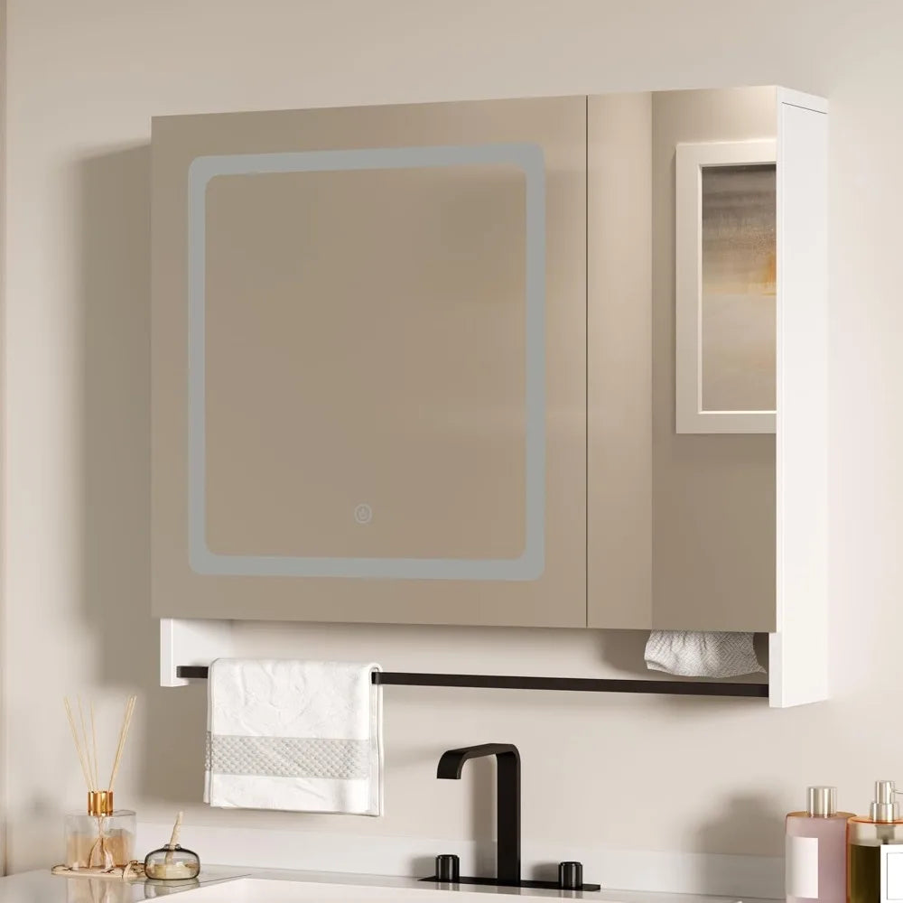 Lighted Bathroom Medicine Cabinet with Mirror, Wall-Mounted Bathroom Wall Cabinet with Mirror Doors, LED Lights, Adjustable She