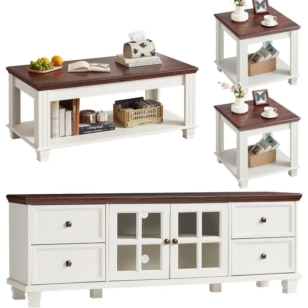 "Farmhouse Table Set 4-PC - Rustic TV Console & Coffee/End Tables, Living Room Furniture Set"