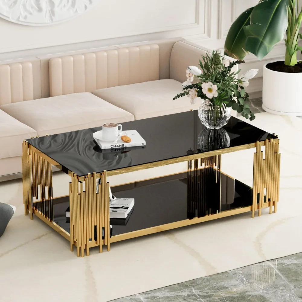 Gold Glass Coffee Table Black Modern Living Room Table Stainless Steel Metal Leg Large Rectangular Tempered Glass Center Tables