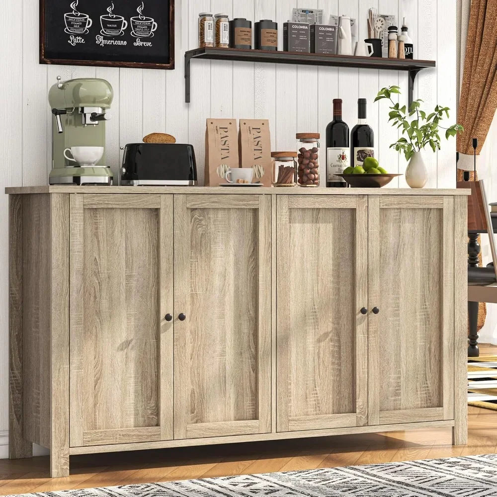 Buffet Cabinet with Storage Farmhouse Buffet Sideboard with 4 Doors, 55'' Large Kitchen Storage Cabinet Wood Coffee Bar Cabinet