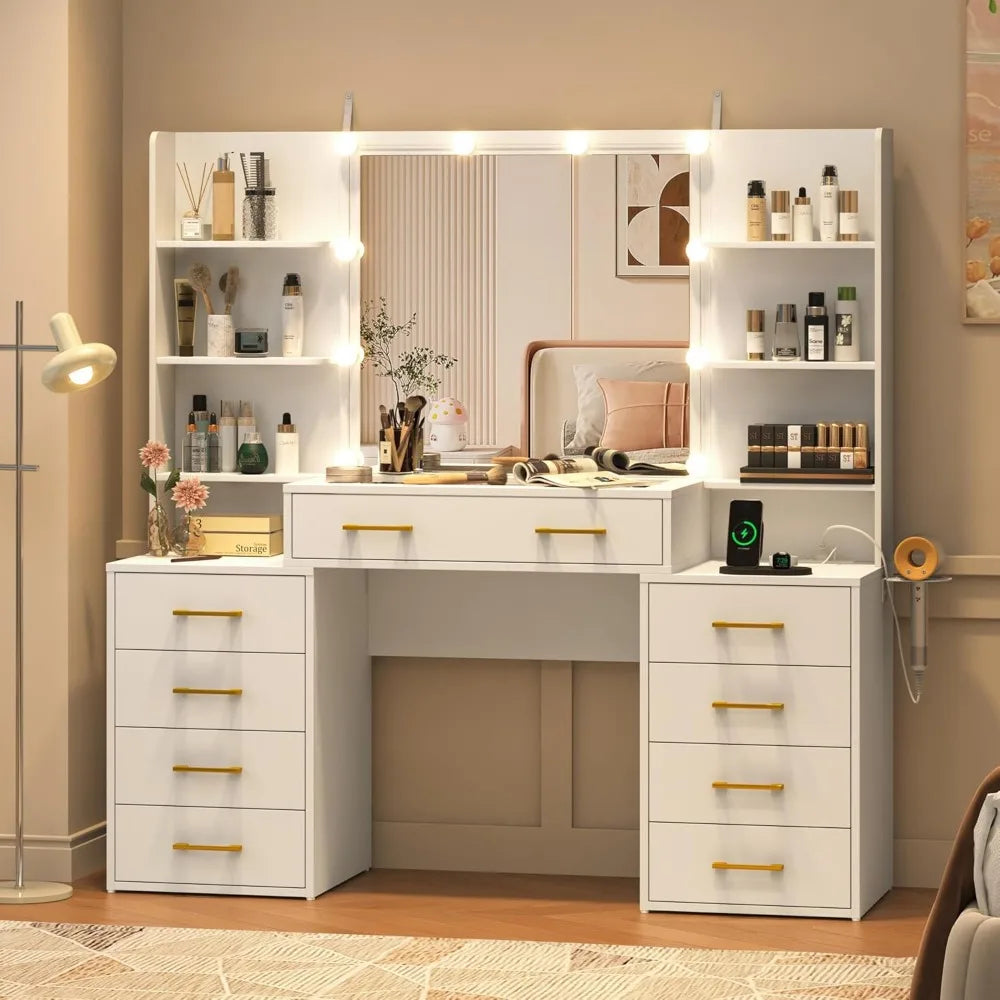 55 in Glass Top Vanity Desk with Mirror and Lights, Large Vanity Makeup Mirror Desk with Charging Station Compartment Storage Dr