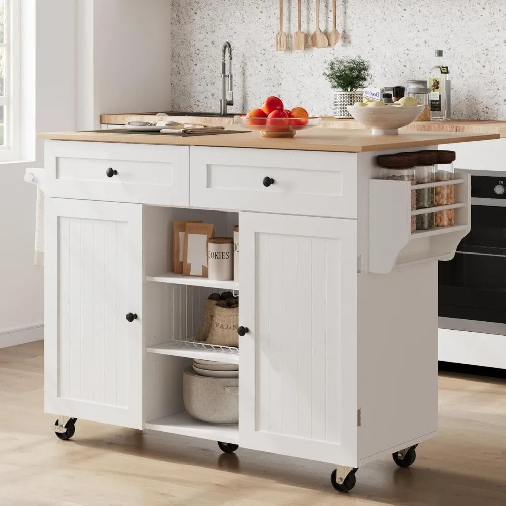 Portable Kitchen Island Cart with Drop Leaf, Two Drawers, and Mobile Storage