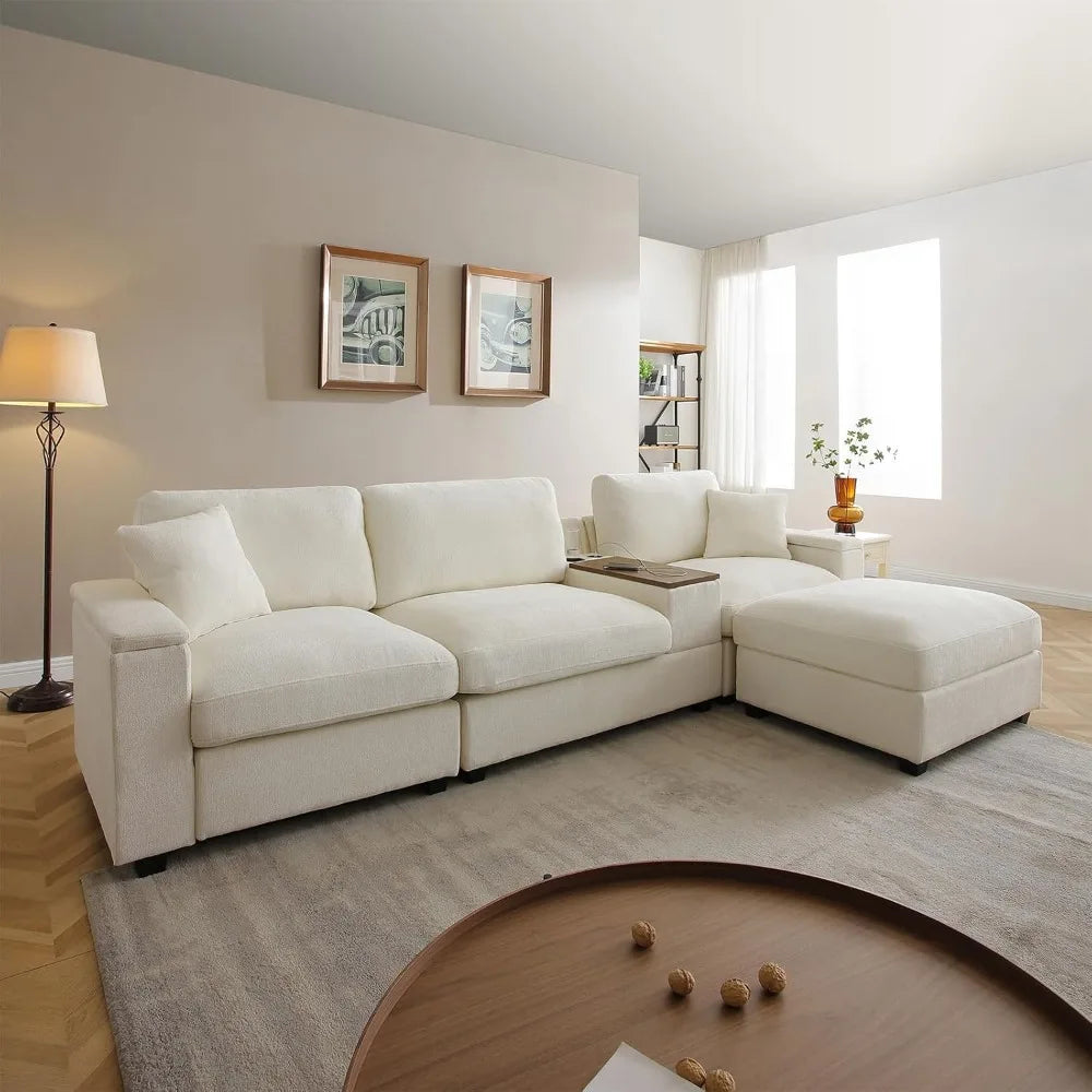 120" Sectional Couches for Living Room, 3-Seater L Shaped Couch with Ottoman, Deep Seat Modular Sofa with Storage Arms