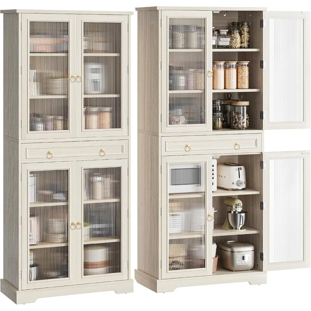 72" kitchen pantry cabinet with doors and adjustable shelves, tall kitchen pantry storage cabinet with drawers, wood food storag